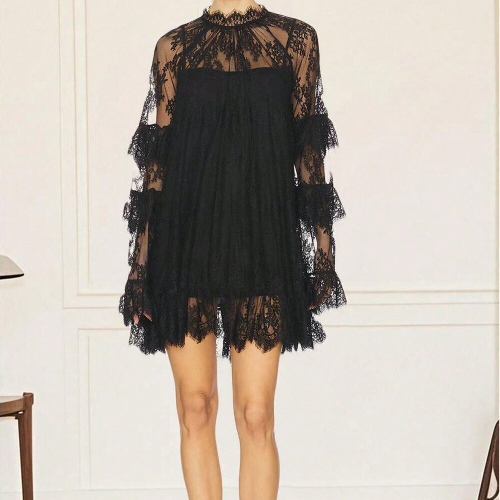 Black Elegant Women's Sheer Lace Crew Neck Long Sleeve Mini Cocktail Dress